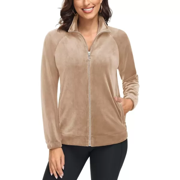 MAGCOMSEN Women's Velour Jackets Full Zip-up Velvet Top 2 Zipper Pockets Lightweight Soft Casual Sweatshirt Jacket