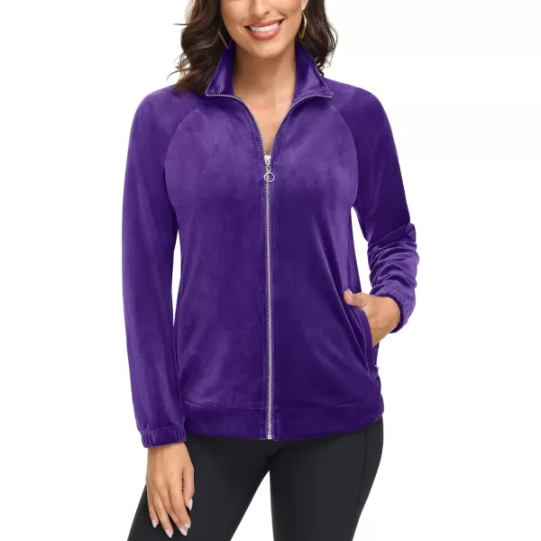 MAGCOMSEN Women's Velour Jackets Full Zip-up Velvet Top 2 Zipper Pockets Lightweight Soft Casual Sweatshirt Jacket