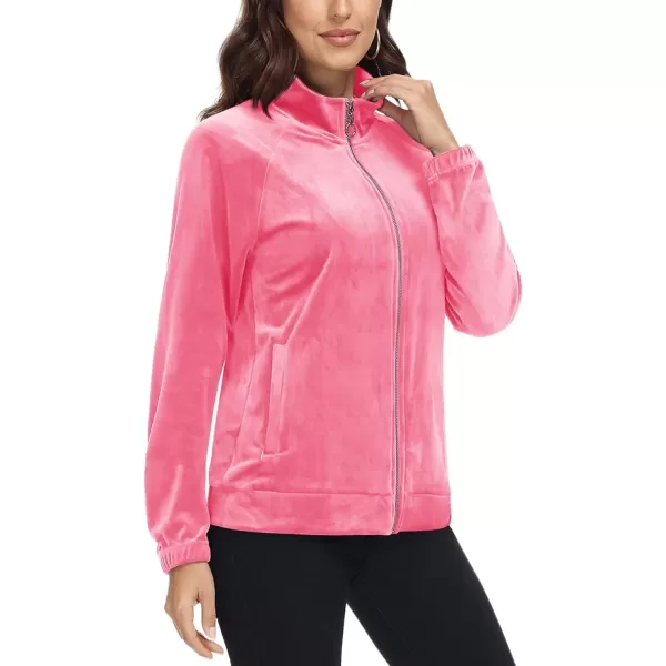MAGCOMSEN Women's Velour Jackets Full Zip-up Velvet Top 2 Zipper Pockets Lightweight Soft Casual Sweatshirt Jacket