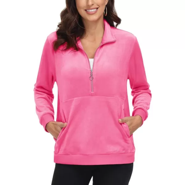 MAGCOMSEN Womens Half Zip Pullover Velour Stand Collar Casual Sweater Long Sleeve Solid Sweatshirts with Pockets