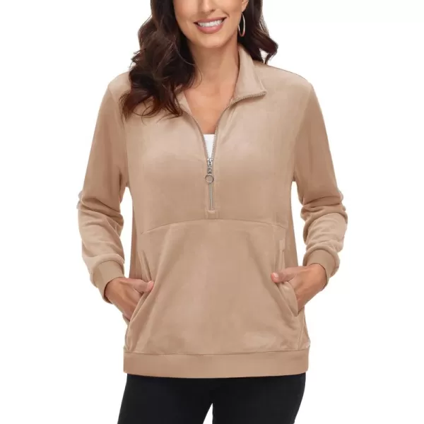 MAGCOMSEN Womens Half Zip Pullover Velour Stand Collar Casual Sweater Long Sleeve Solid Sweatshirts with Pockets