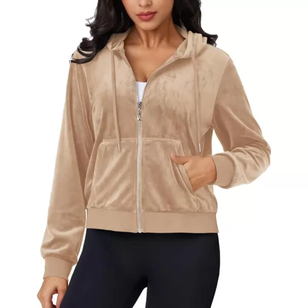 MAGCOMSEN Women's Velour Crop Hoodie Jacket Long Sleeve Zip Up Tops Soft Casual Velvet Jacket with Pockets