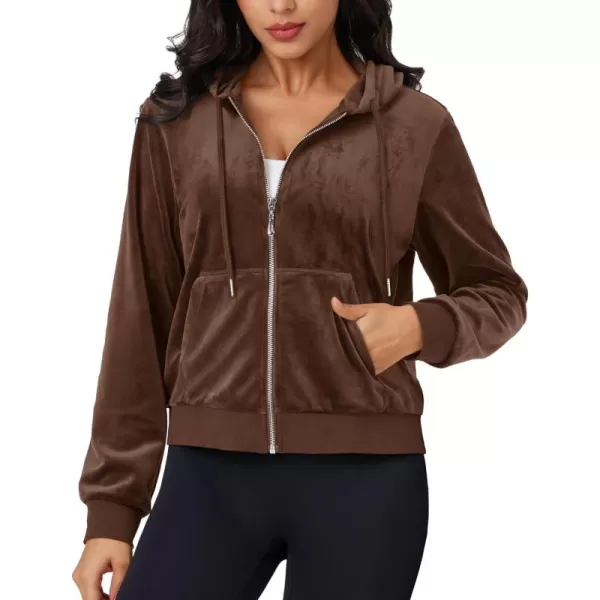 MAGCOMSEN Women's Velour Crop Hoodie Jacket Long Sleeve Zip Up Tops Soft Casual Velvet Jacket with Pockets