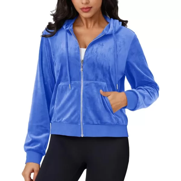 MAGCOMSEN Women's Velour Crop Hoodie Jacket Long Sleeve Zip Up Tops Soft Casual Velvet Jacket with Pockets