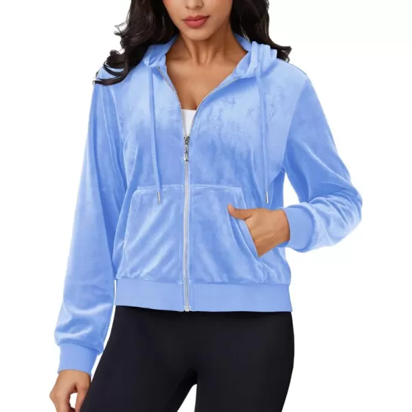 MAGCOMSEN Women's Velour Crop Hoodie Jacket Long Sleeve Zip Up Tops Soft Casual Velvet Jacket with Pockets