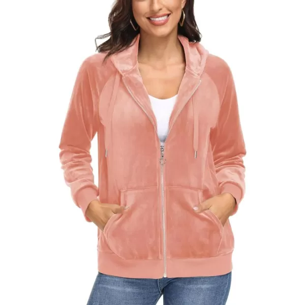 MAGCOMSEN Women's Velour Hooded Jacket Long Sleeve Full Zip Outerwear Soft Warm Velvet Jacket with Side Pockets