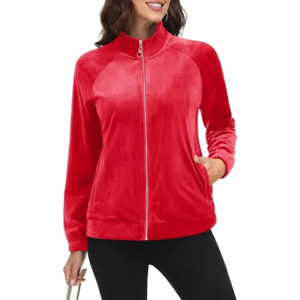 MAGCOMSEN Women's Velour Jackets Full Zip-up Velvet Top 2 Zipper Pockets Lightweight Soft Casual Sweatshirt Jacket