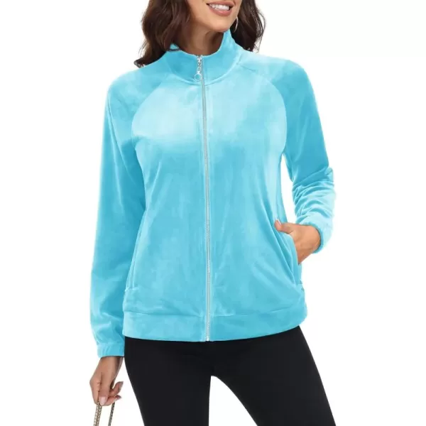 MAGCOMSEN Women's Velour Jackets Full Zip-up Velvet Top 2 Zipper Pockets Lightweight Soft Casual Sweatshirt Jacket