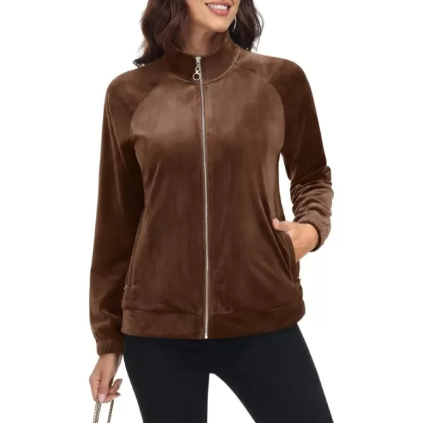MAGCOMSEN Women's Velour Jackets Full Zip-up Velvet Top 2 Zipper Pockets Lightweight Soft Casual Sweatshirt Jacket