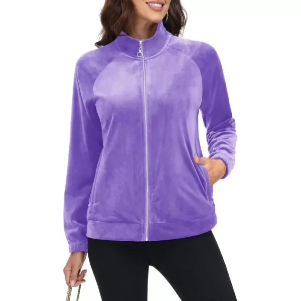 MAGCOMSEN Women's Velour Jackets Full Zip-up Velvet Top 2 Zipper Pockets Lightweight Soft Casual Sweatshirt Jacket