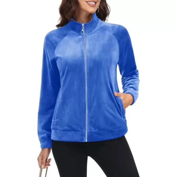 MAGCOMSEN Women's Velour Jackets Full Zip-up Velvet Top 2 Zipper Pockets Lightweight Soft Casual Sweatshirt Jacket