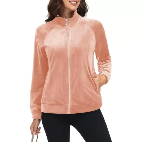 MAGCOMSEN Women's Velour Jackets Full Zip-up Velvet Top 2 Zipper Pockets Lightweight Soft Casual Sweatshirt Jacket