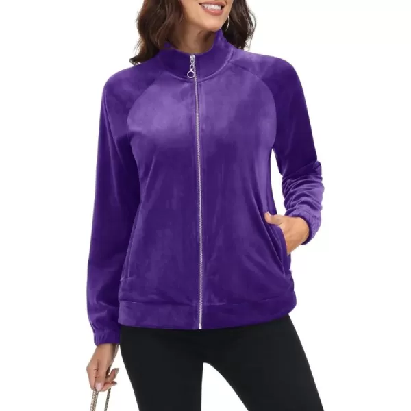 MAGCOMSEN Women's Velour Jackets Full Zip-up Velvet Top 2 Zipper Pockets Lightweight Soft Casual Sweatshirt Jacket