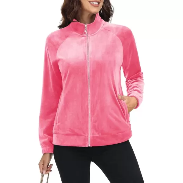 MAGCOMSEN Women's Velour Jackets Full Zip-up Velvet Top 2 Zipper Pockets Lightweight Soft Casual Sweatshirt Jacket