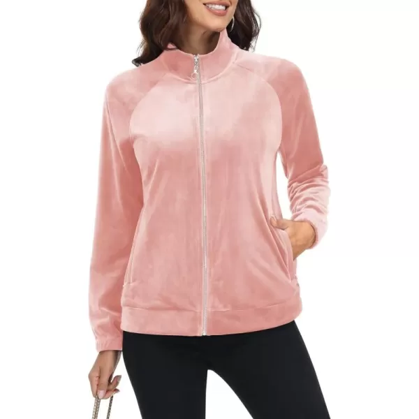 MAGCOMSEN Women's Velour Jackets Full Zip-up Velvet Top 2 Zipper Pockets Lightweight Soft Casual Sweatshirt Jacket