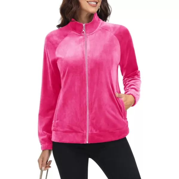 MAGCOMSEN Women's Velour Jackets Full Zip-up Velvet Top 2 Zipper Pockets Lightweight Soft Casual Sweatshirt Jacket