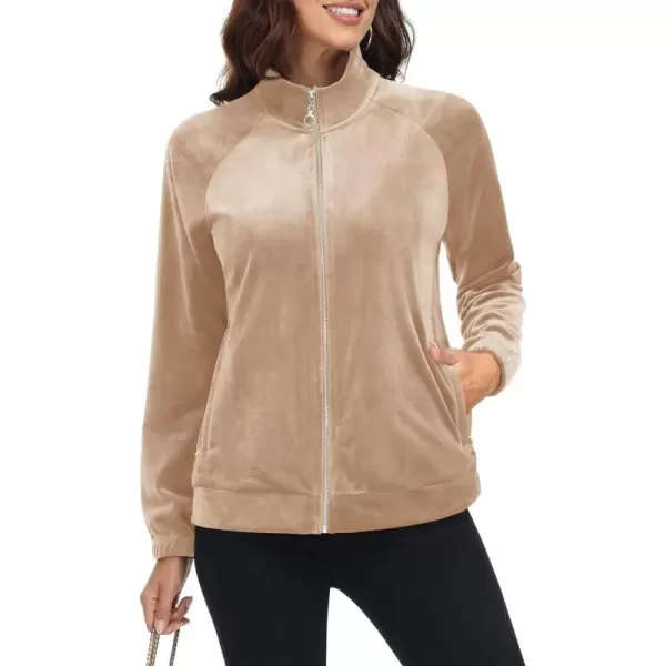 MAGCOMSEN Women's Velour Jackets Full Zip-up Velvet Top 2 Zipper Pockets Lightweight Soft Casual Sweatshirt Jacket