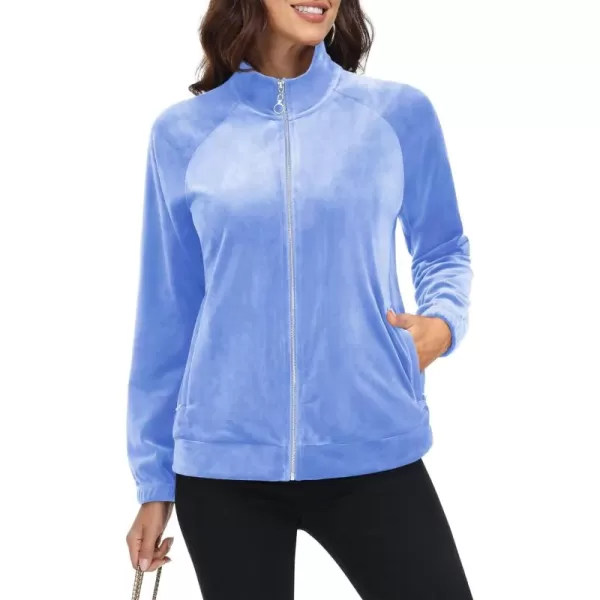MAGCOMSEN Women's Velour Jackets Full Zip-up Velvet Top 2 Zipper Pockets Lightweight Soft Casual Sweatshirt Jacket