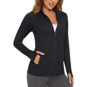 imageMAGCOMSEN Womens UPF 50 Lightweight Athletic Jacket Sun Protection Full Zip Long Sleeve Shirts Hiking Outdoor PocketsBlack