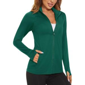 imageMAGCOMSEN Womens UPF 50 Lightweight Athletic Jacket Sun Protection Full Zip Long Sleeve Shirts Hiking Outdoor PocketsEmerald Green