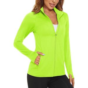 imageMAGCOMSEN Womens UPF 50 Lightweight Athletic Jacket Sun Protection Full Zip Long Sleeve Shirts Hiking Outdoor PocketsFluorescent Yellow