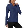 imageMAGCOMSEN Womens Running Shirts Quarter Zip Fleece Pullover Long Sleeve Thumb Hole Tee Athletic Workout TopsNavy