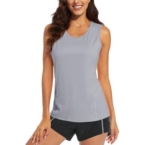 imageMAGCOMSEN Womens Sleeveless Workout Shirts UPF 80 Dry Fit Running Wicking Tank Tops Athletic Gym Summer TopsLight Grey