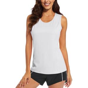 imageMAGCOMSEN Womens Sleeveless Workout Shirts UPF 80 Dry Fit Running Wicking Tank Tops Athletic Gym Summer TopsWhite