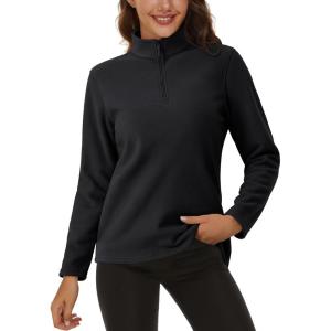 imageMAGCOMSEN Womens Quarter Zip Pullover Polar Fleece Sweatshirts Lightweight StandCollar Jacket Warm TopsBlack