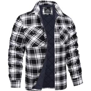 imageMAGCOMSEN Mens Flannel Shirt Jacket with Quilted Lined Long Sleeve Plaid Coat Button Down Thick Outwear WinterBlack
