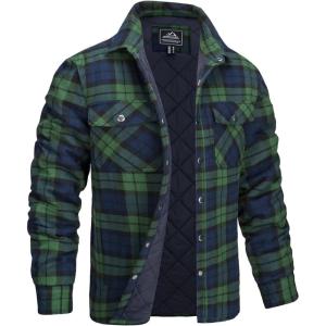 imageMAGCOMSEN Mens Flannel Shirt Jacket with Quilted Lined Long Sleeve Plaid Coat Button Down Thick Outwear WinterGreen