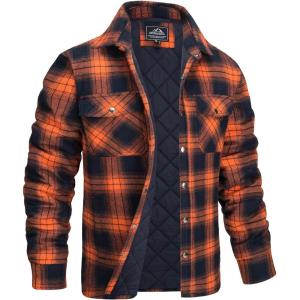 imageMAGCOMSEN Mens Flannel Shirt Jacket with Quilted Lined Long Sleeve Plaid Coat Button Down Thick Outwear WinterOrange