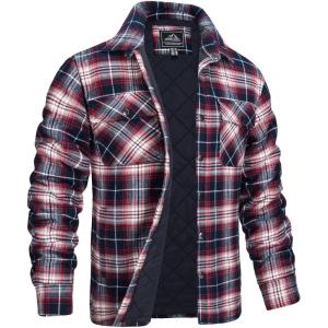 imageMAGCOMSEN Mens Flannel Shirt Jacket with Quilted Lined Long Sleeve Plaid Coat Button Down Thick Outwear WinterRed