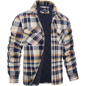 imageMAGCOMSEN Mens Flannel Shirt Jacket with Quilted Lined Long Sleeve Plaid Coat Button Down Thick Outwear WinterYellow