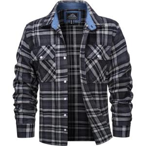 imageMAGCOMSEN Mens Flannel Shirts Cotton Long Sleeve Plaid Shirt Casual Fashion Button Up Shirts Jackets with 2 PocketsBlack Grey