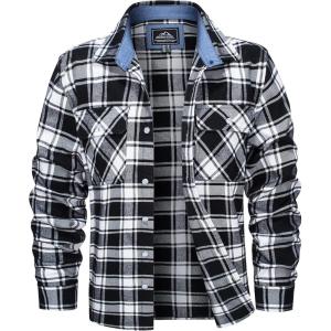 imageMAGCOMSEN Mens Flannel Shirts Cotton Long Sleeve Plaid Shirt Casual Fashion Button Up Shirts Jackets with 2 PocketsBlack White