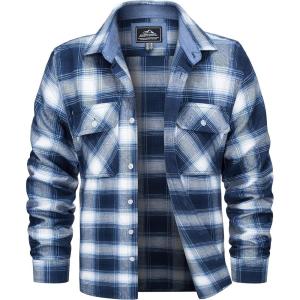 imageMAGCOMSEN Mens Flannel Shirts Cotton Long Sleeve Plaid Shirt Casual Fashion Button Up Shirts Jackets with 2 PocketsBlue White