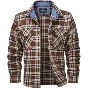 imageMAGCOMSEN Mens Flannel Shirts Cotton Long Sleeve Plaid Shirt Casual Fashion Button Up Shirts Jackets with 2 PocketsBrown
