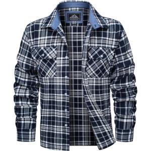imageMAGCOMSEN Mens Flannel Shirts Cotton Long Sleeve Plaid Shirt Casual Fashion Button Up Shirts Jackets with 2 PocketsNavy