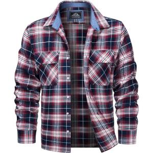 imageMAGCOMSEN Mens Flannel Shirts Cotton Long Sleeve Plaid Shirt Casual Fashion Button Up Shirts Jackets with 2 PocketsRed