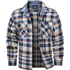 imageMAGCOMSEN Mens Flannel Shirts Cotton Long Sleeve Plaid Shirt Casual Fashion Button Up Shirts Jackets with 2 PocketsYellow