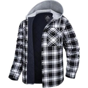 imageMAGCOMSEN Mens Quilted Lined Flannel Hoodie Jacket Cotton Button Down Shirt Jacket Long Sleeve Plaid Shirt ShacketBlack