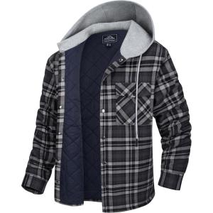 imageMAGCOMSEN Mens Quilted Lined Flannel Hoodie Jacket Cotton Button Down Shirt Jacket Long Sleeve Plaid Shirt ShacketBlack Grey
