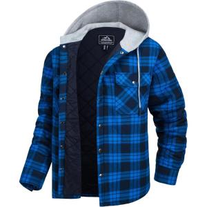 imageMAGCOMSEN Mens Quilted Lined Flannel Hoodie Jacket Cotton Button Down Shirt Jacket Long Sleeve Plaid Shirt ShacketBlue