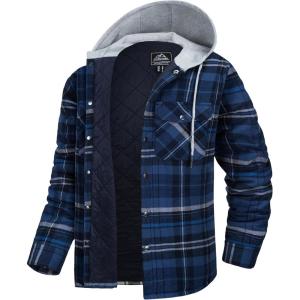 imageMAGCOMSEN Mens Quilted Lined Flannel Hoodie Jacket Cotton Button Down Shirt Jacket Long Sleeve Plaid Shirt ShacketBlue Grey