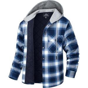 imageMAGCOMSEN Mens Quilted Lined Flannel Hoodie Jacket Cotton Button Down Shirt Jacket Long Sleeve Plaid Shirt ShacketBlue White