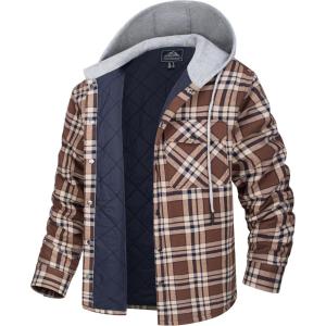 imageMAGCOMSEN Mens Quilted Lined Flannel Hoodie Jacket Cotton Button Down Shirt Jacket Long Sleeve Plaid Shirt ShacketBrown
