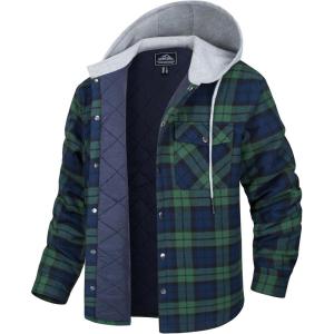 imageMAGCOMSEN Mens Quilted Lined Flannel Hoodie Jacket Cotton Button Down Shirt Jacket Long Sleeve Plaid Shirt ShacketGreen