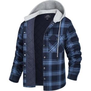 imageMAGCOMSEN Mens Quilted Lined Flannel Hoodie Jacket Cotton Button Down Shirt Jacket Long Sleeve Plaid Shirt ShacketGrey Blue