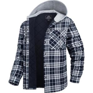 imageMAGCOMSEN Mens Quilted Lined Flannel Hoodie Jacket Cotton Button Down Shirt Jacket Long Sleeve Plaid Shirt ShacketNavy